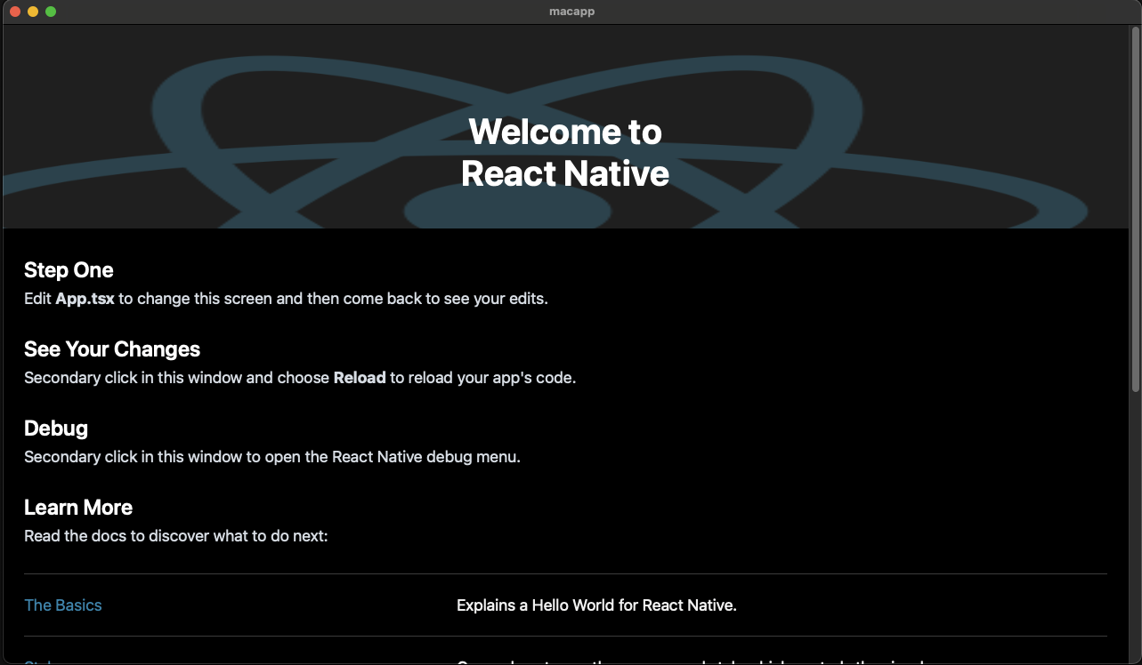 Image of a React native starter screen in a Mac app