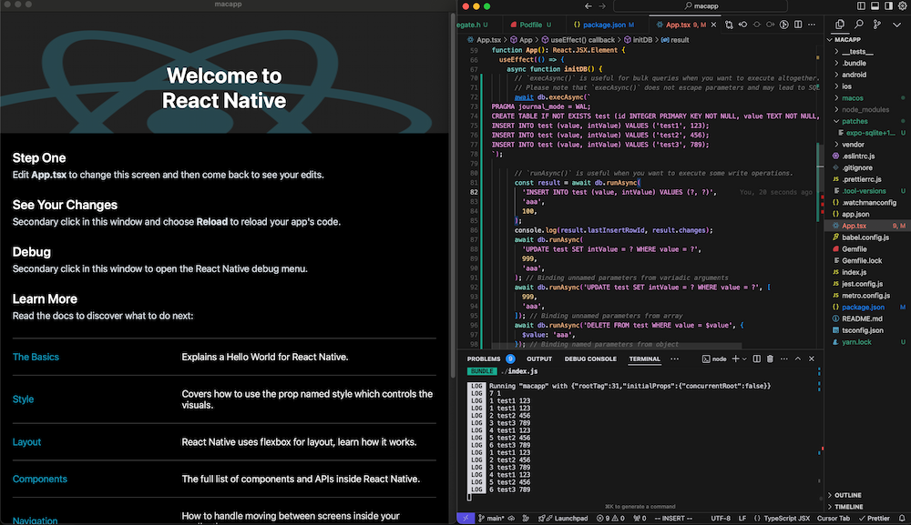React Native MacOS with Expo SQLite running